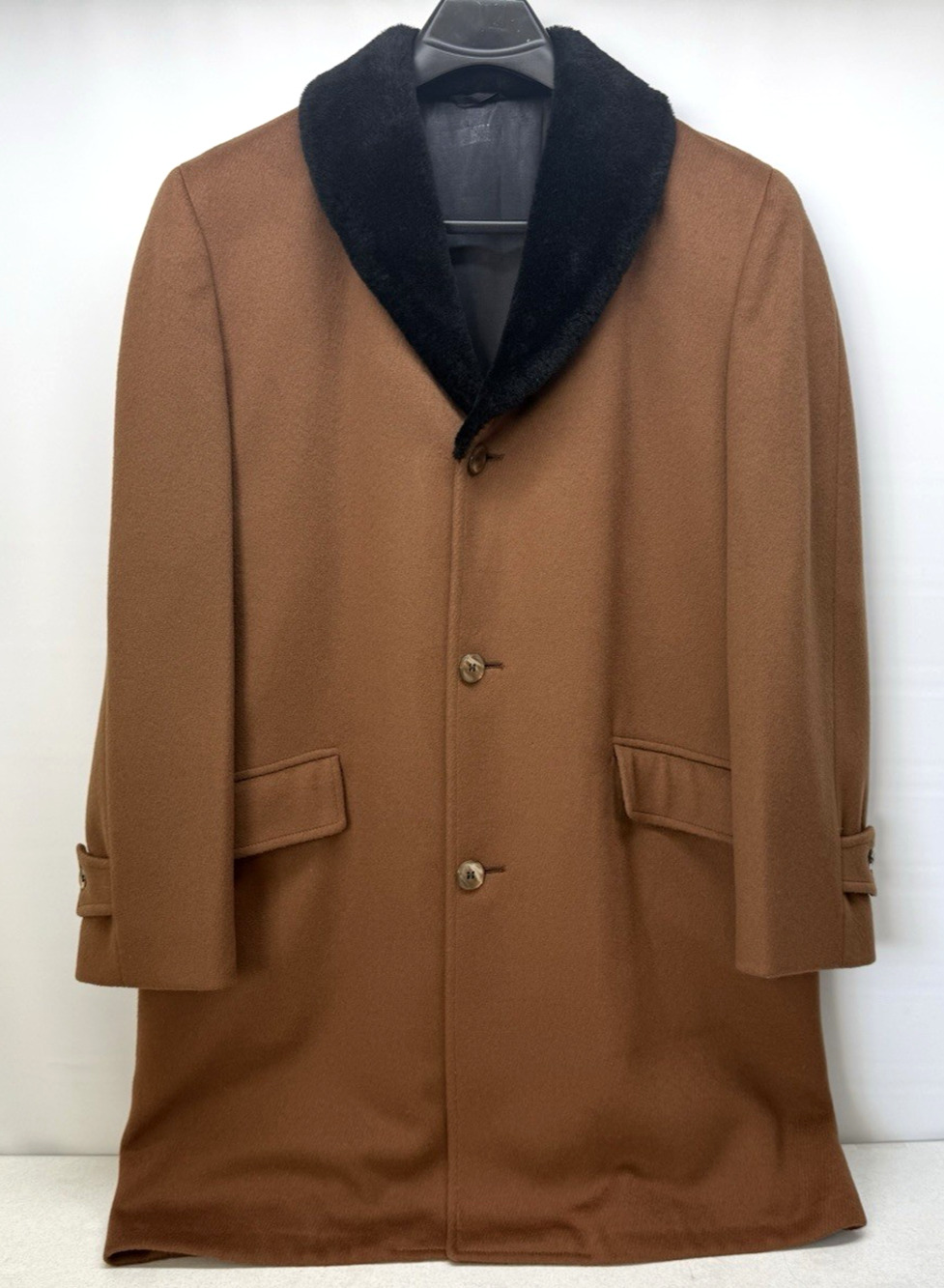 Vintage STONEHAVEN Wool Overcoat Mens Brown /Plaid Wool Lined Shawl Fur Collar
